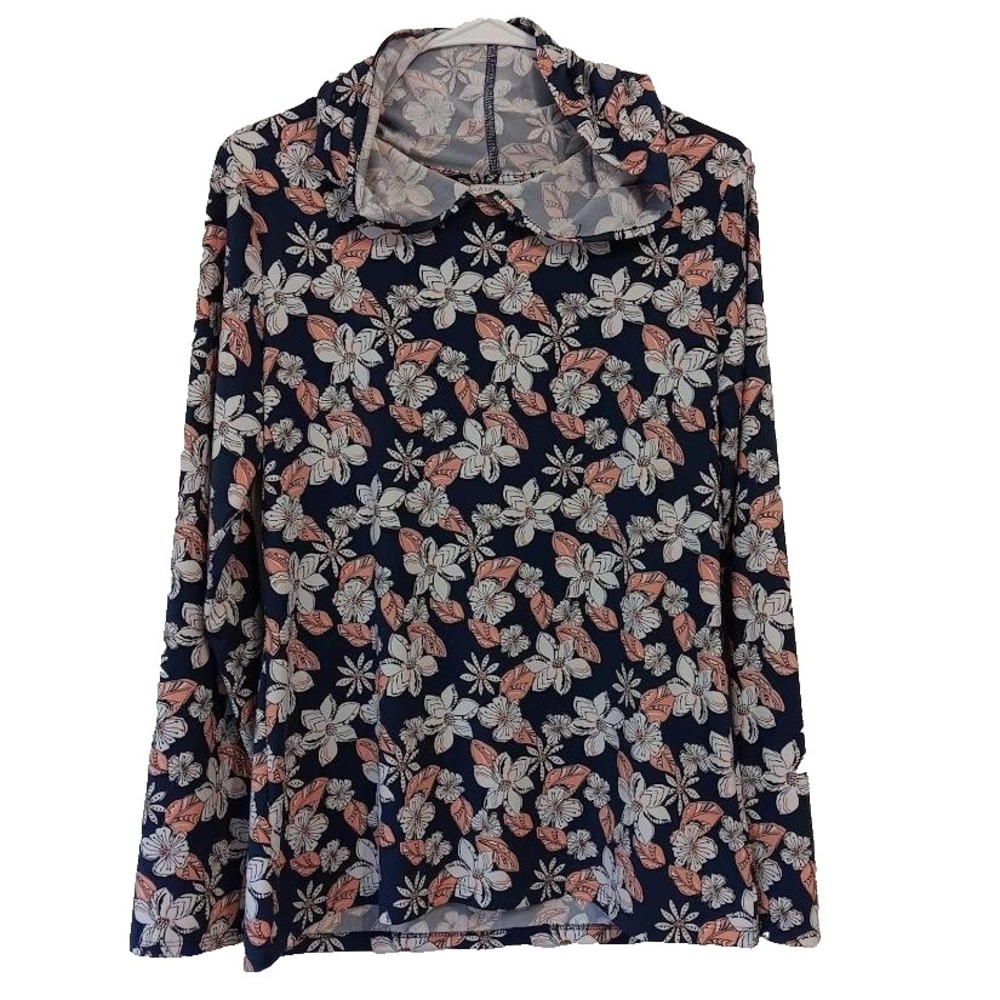 Aspen Long Sleeve Shirt Womens Medium‎ Navy Floral Cowl Neck Stretch Pullover